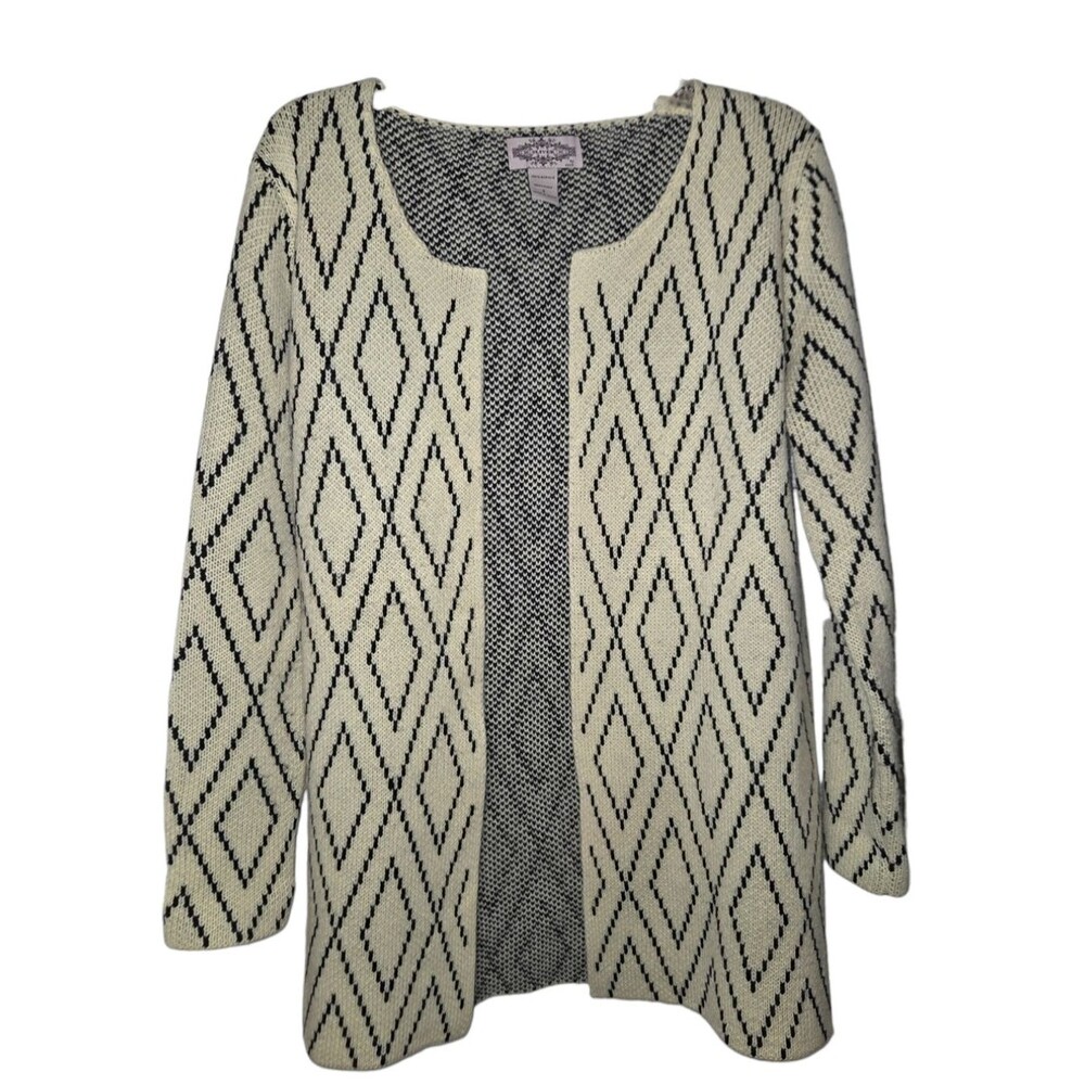 Oliver Cream Diamond Pattern Long Open Front Cardigan Sweater - Picture 2 of 12